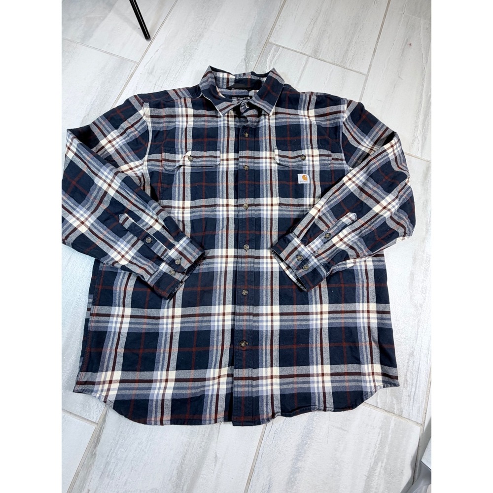 Carhartt Mens XL Loose Fit Plaid Flannel Button Down Shirt Navy Blue 100139
